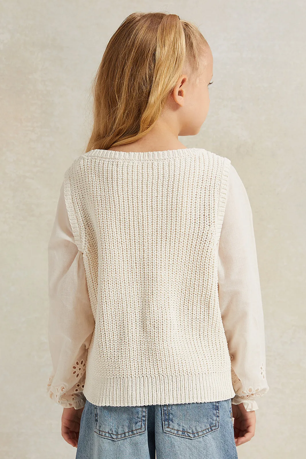 Girls Beige Embroidered Pullover