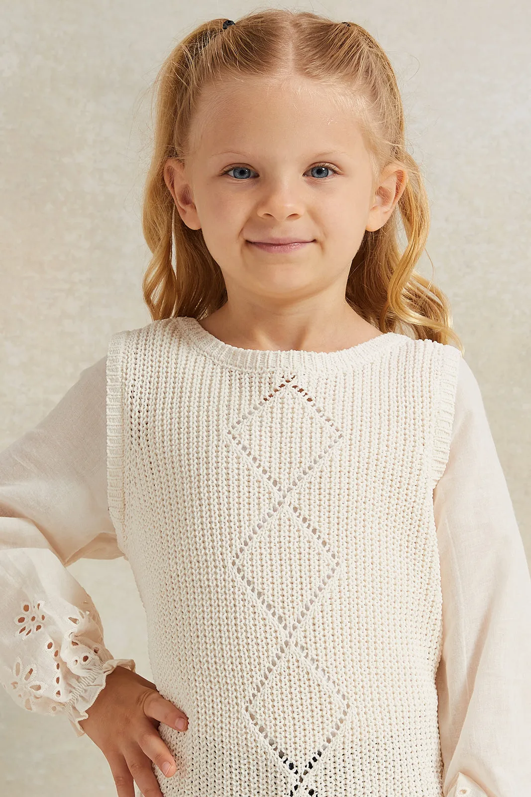 Girls Beige Embroidered Pullover