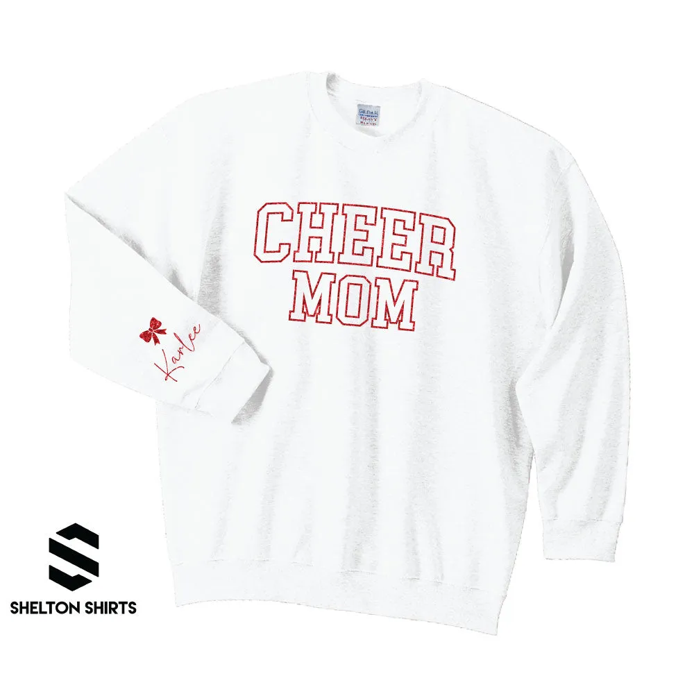 Glitter Cheer Mom with Bow and Name on Sleeve Sweatshirt, Hoodie or T-shirt