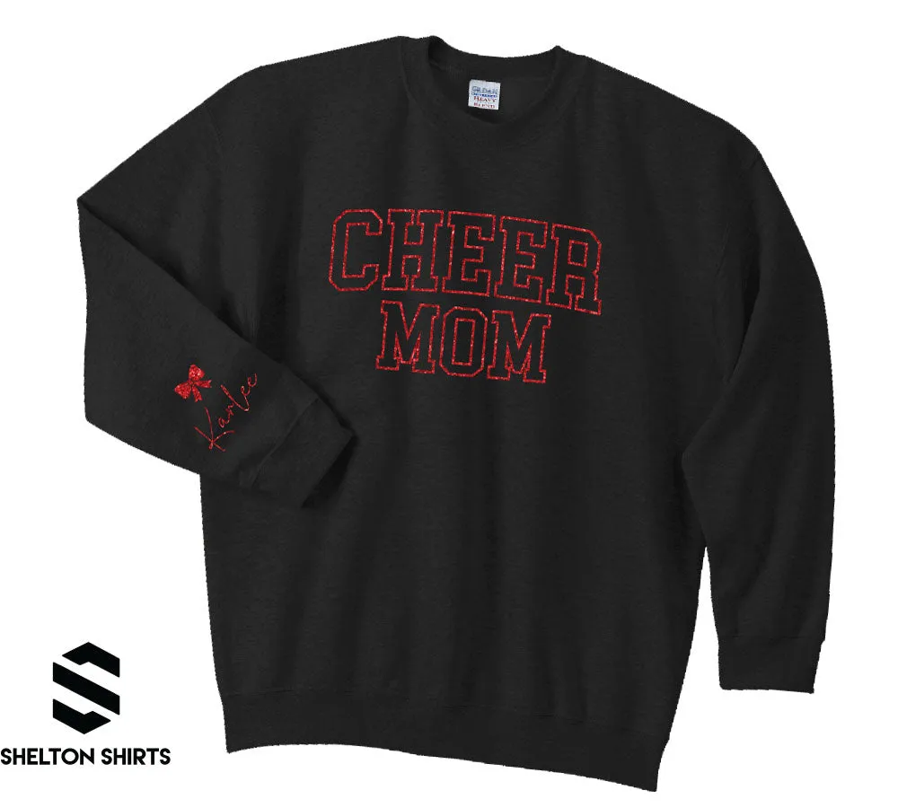 Glitter Cheer Mom with Bow and Name on Sleeve Sweatshirt, Hoodie or T-shirt