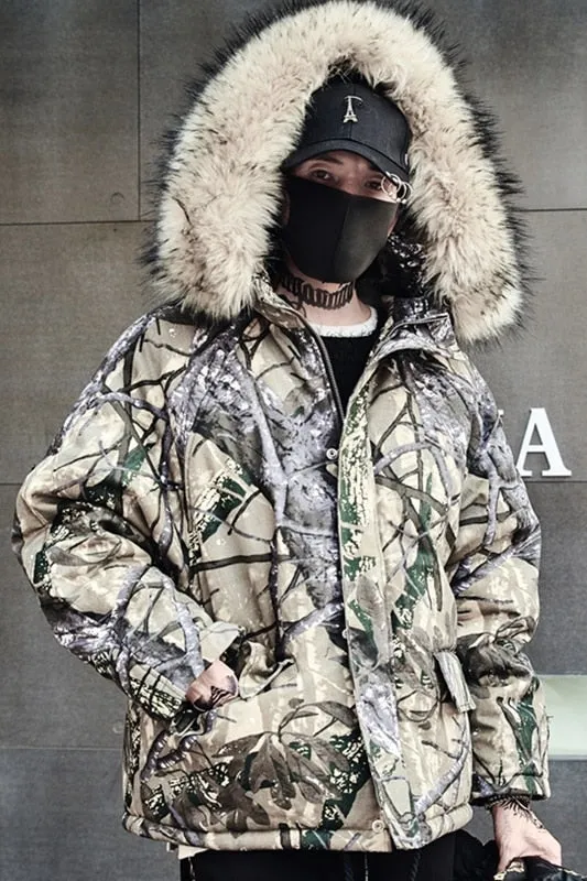 Grey Abstract Tree Branch Printed Warm Parka Jacket