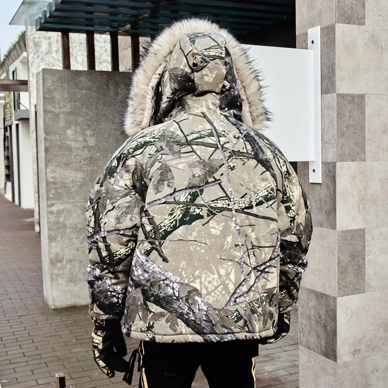 Grey Abstract Tree Branch Printed Warm Parka Jacket