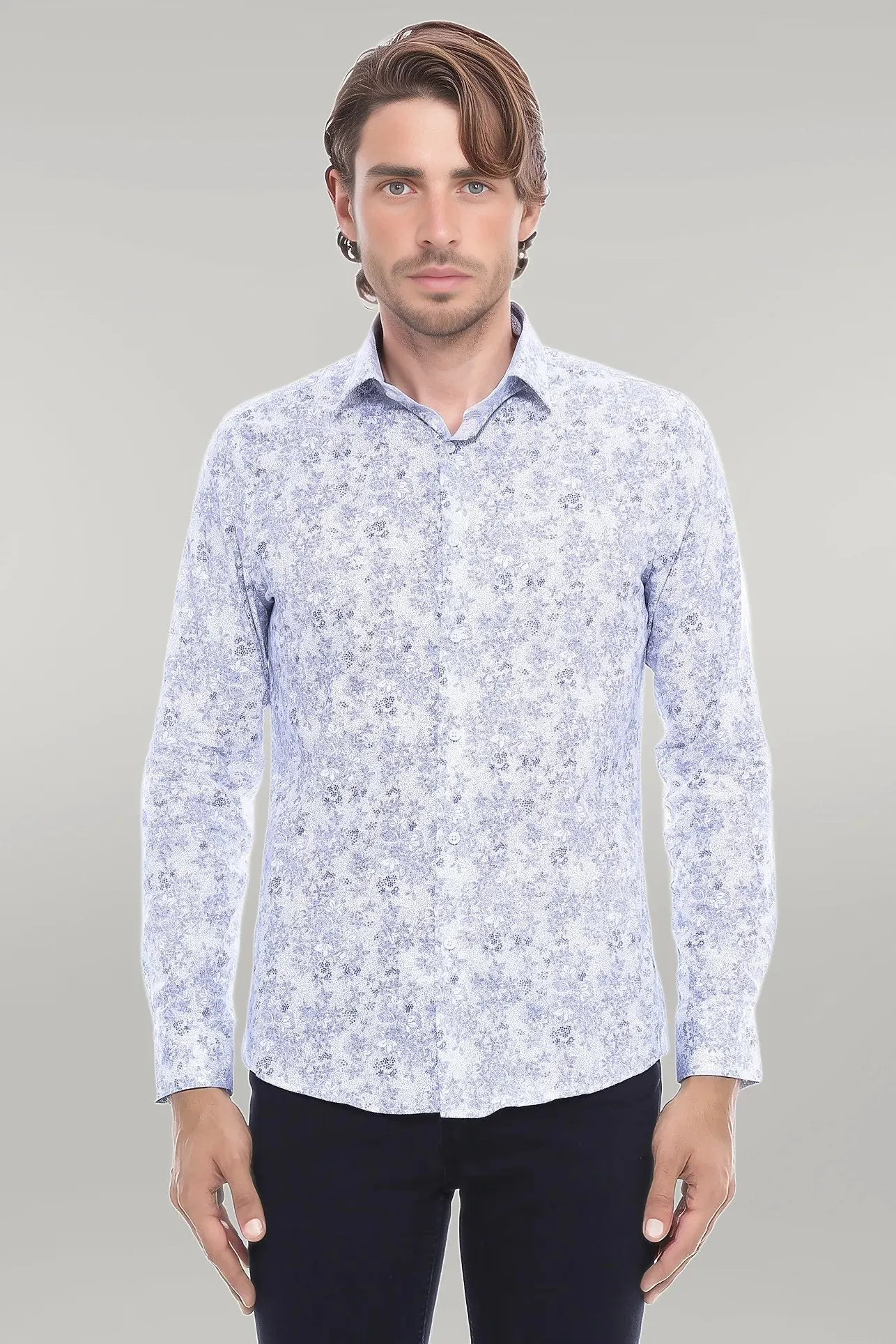 Grey Flower Patterned Slim Fit Shirt | Wessi