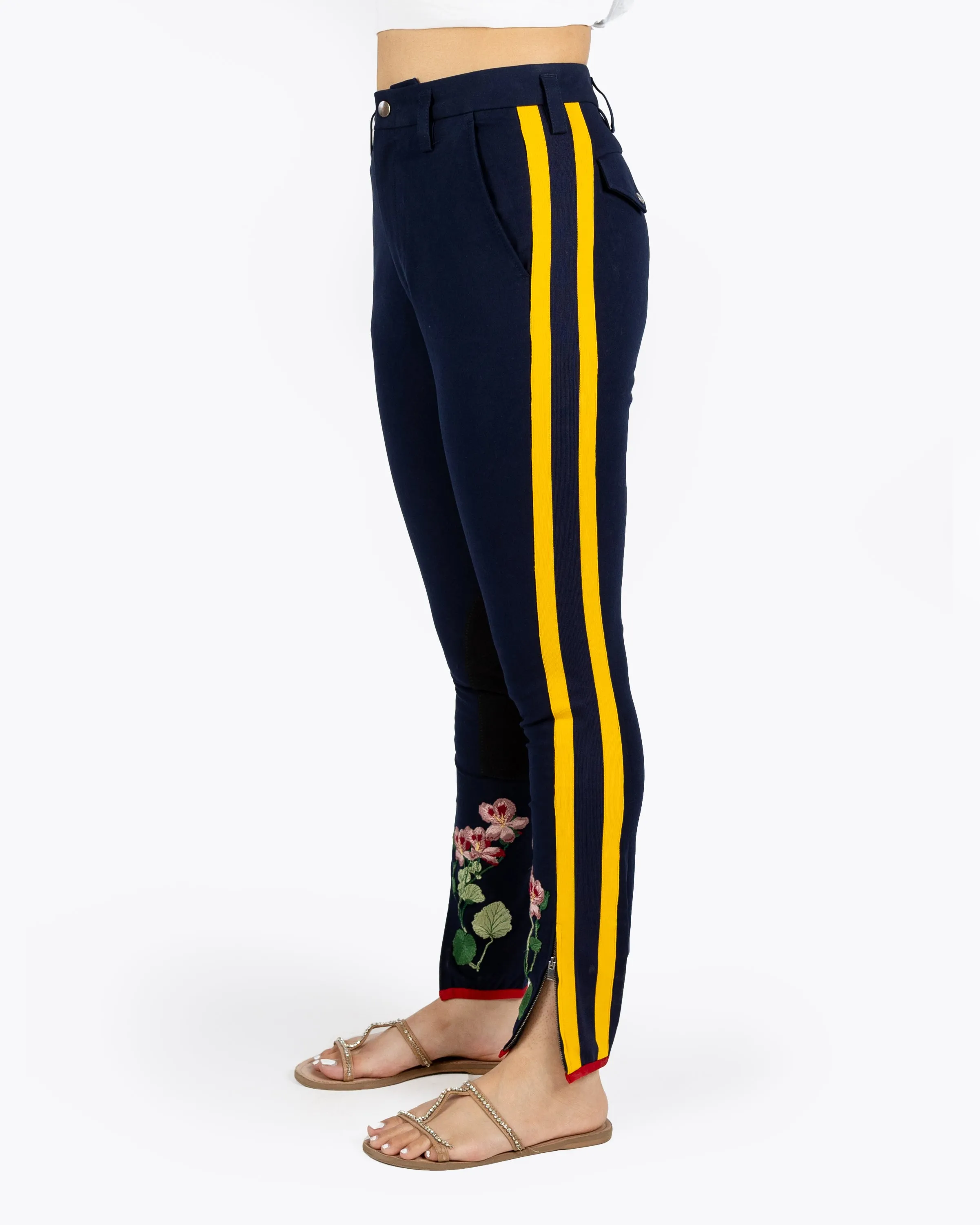 GUCCI FLOWER EMBROIDED LEGGING WITH STRIPE NAVY BLUE