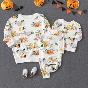 Halloween Mommy and Me Pullover Sweatshirt Pumpkin Print Long-sleeve Sweatshirts for Mom and Me