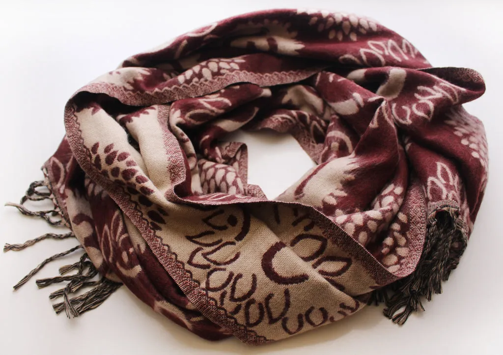 Hand Loomed Hindu Om Printed Maroon Yak Wool Shawl