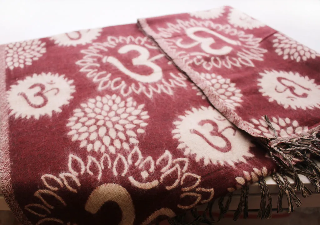 Hand Loomed Hindu Om Printed Maroon Yak Wool Shawl