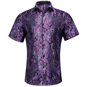 Hi-Tie Dark Purple Top Paisley Jacquard Silk Men's Short Sleeve Shirt