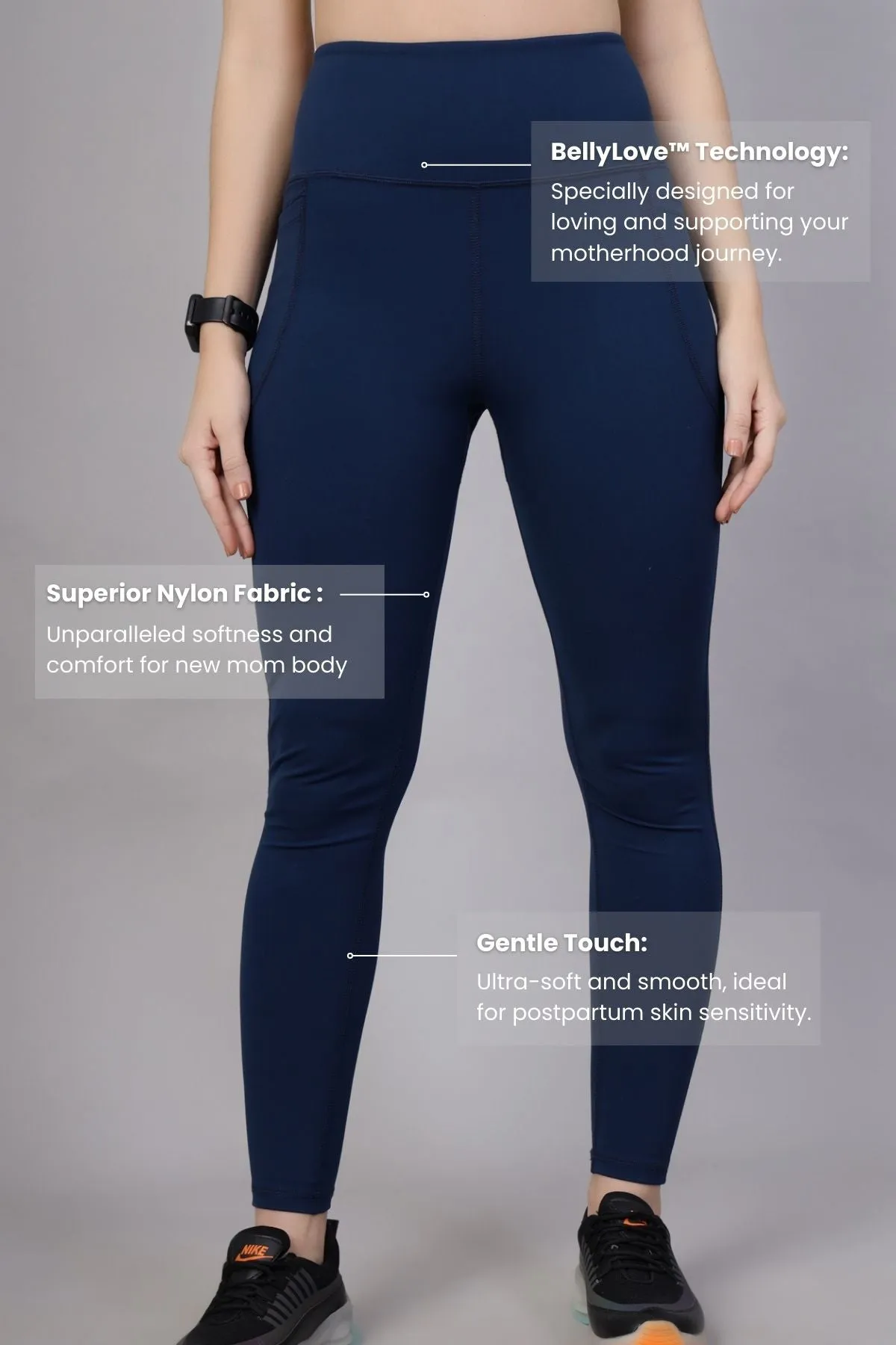 High Waisted Gentle Compression Navy Blue Postpartum Leggings