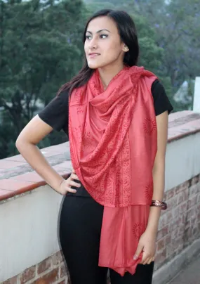 Hindu Om Printed Coral Brown Cotton Shawl From Nepal