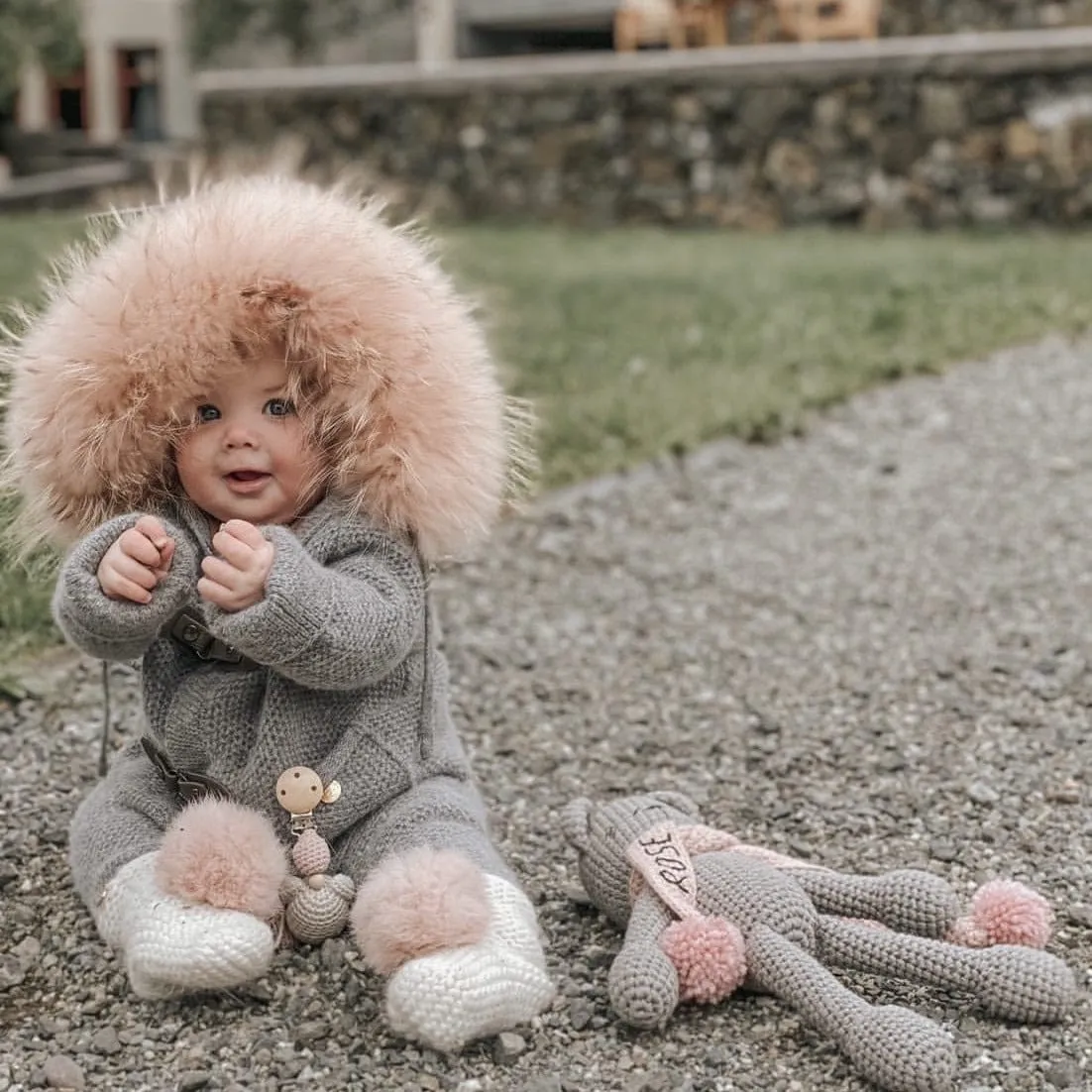 Honeycomb Grey Cashmere Pram Coat with Dusty Pink Trim