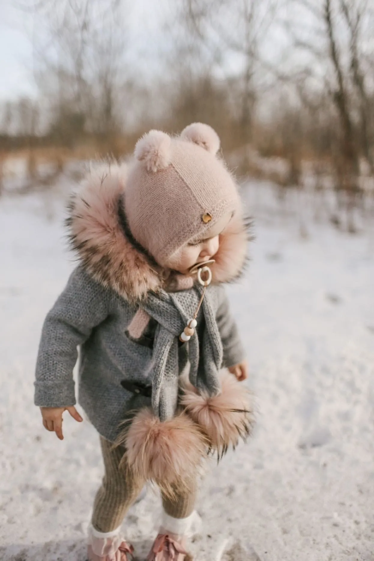 Honeycomb Grey Cashmere Pram Coat with Dusty Pink Trim