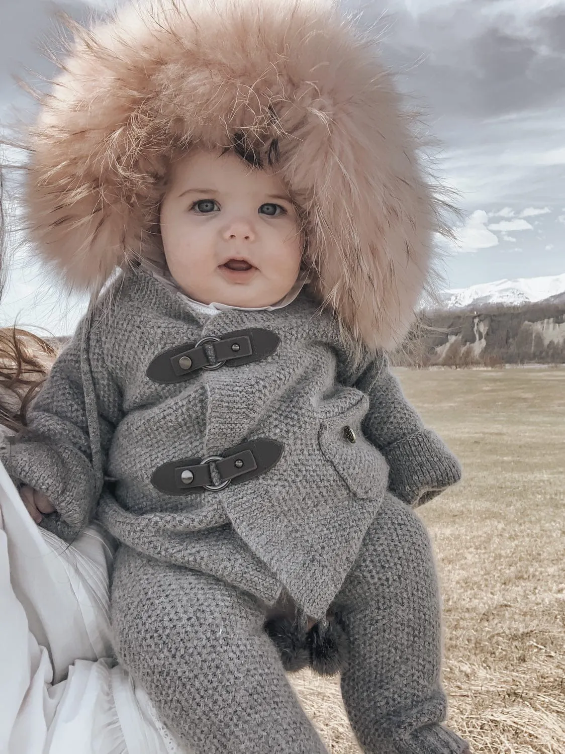 Honeycomb Grey Cashmere Pram Coat with Dusty Pink Trim