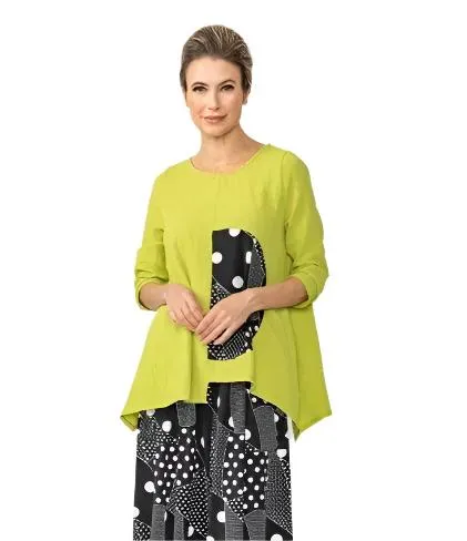 IC Collection Polka-Dot Trim Asymmetric Tunic in Lime/Black/White - 7068T