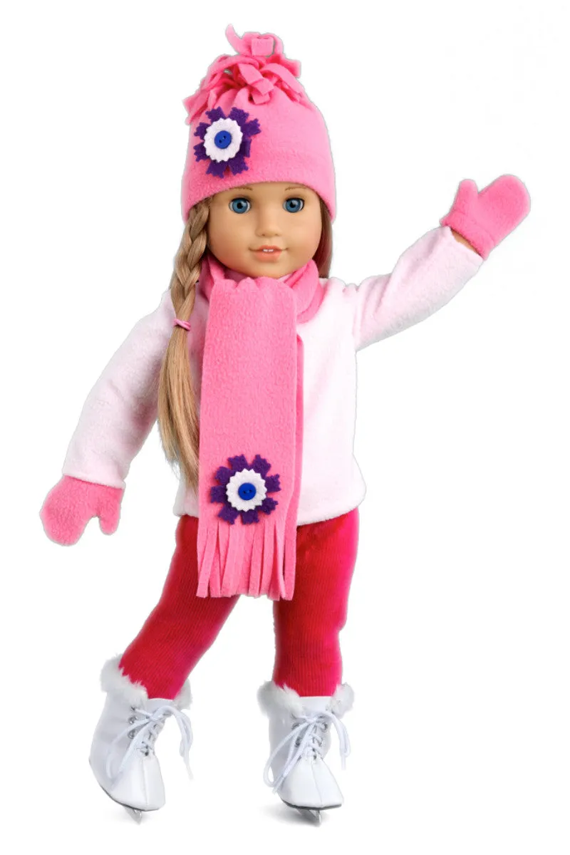 Ice Skating Fun - Clothes for 18 inch Doll - 6 Piece Gift Set - Pink Fleece Blouse with Stretchy Leggings, Hat, Scarf, Mittens and White Ice Skates