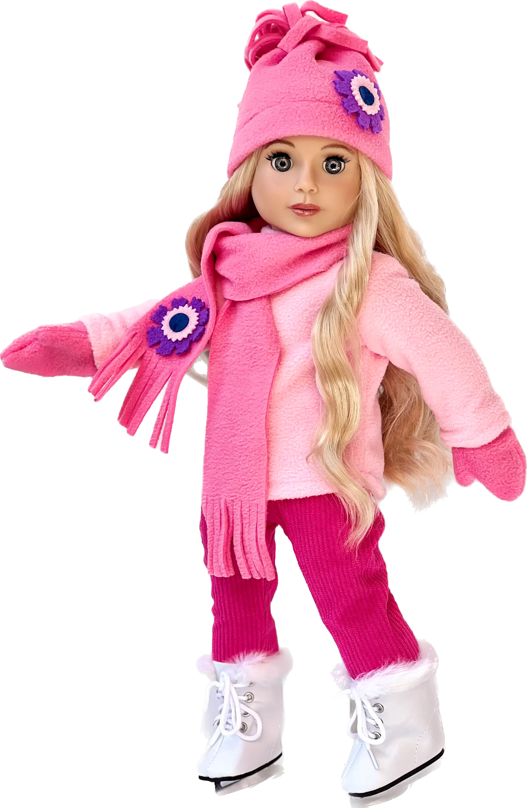 Ice Skating Fun - Clothes for 18 inch Doll - 6 Piece Gift Set - Pink Fleece Blouse with Stretchy Leggings, Hat, Scarf, Mittens and White Ice Skates