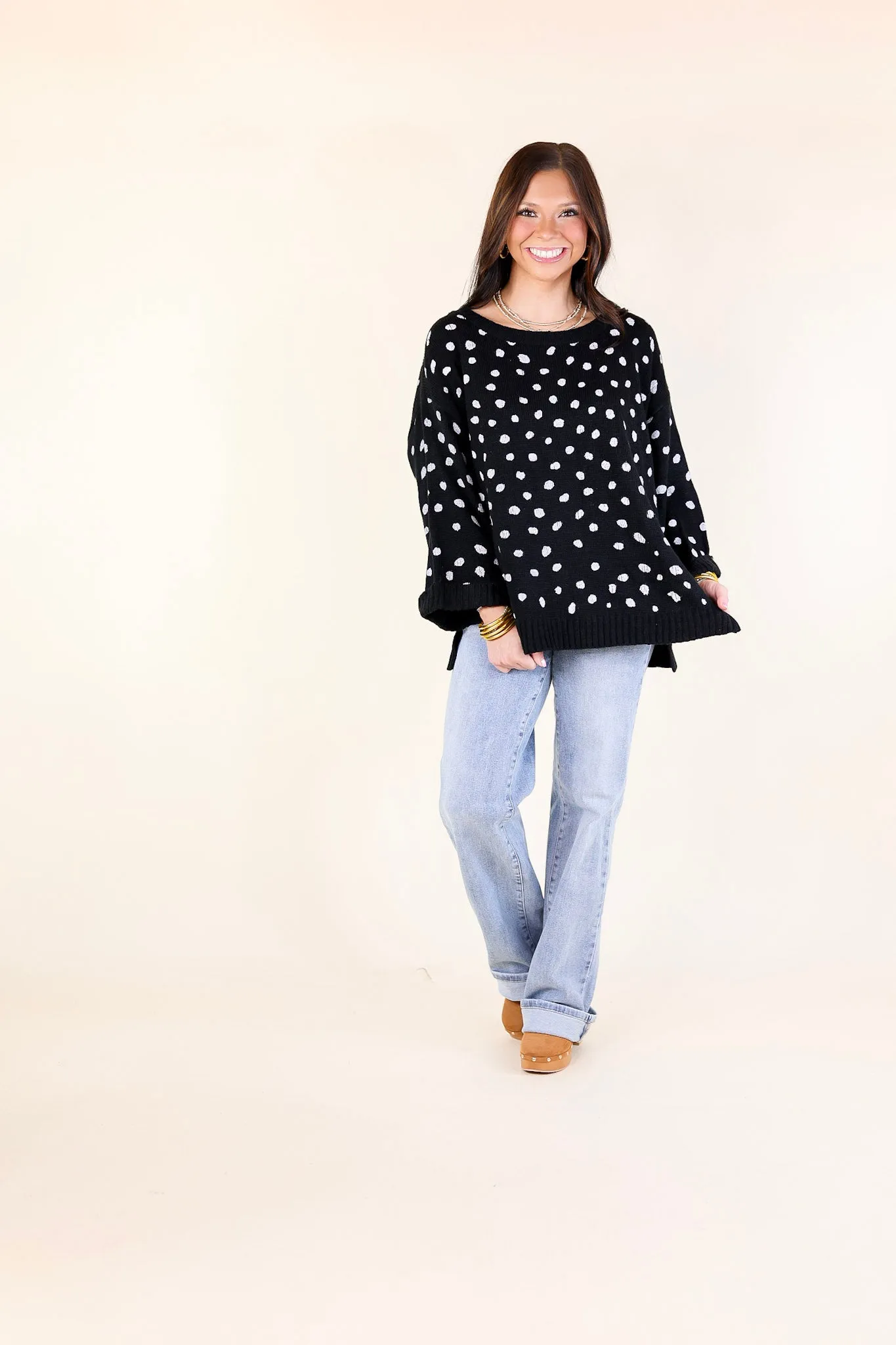 Iced Latte Love Wide 3/4 Sleeve Polka Dot Sweater in Black