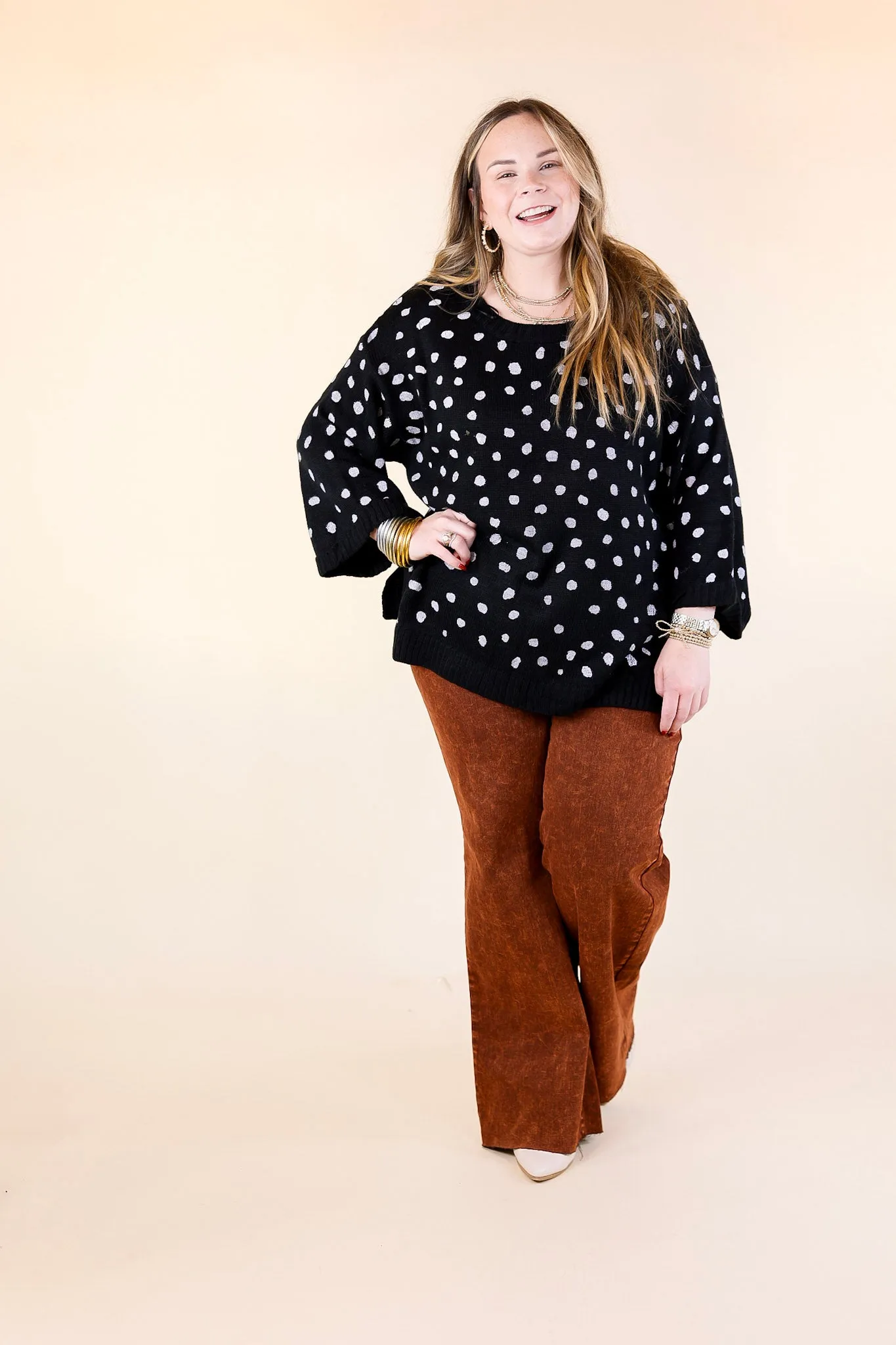 Iced Latte Love Wide 3/4 Sleeve Polka Dot Sweater in Black