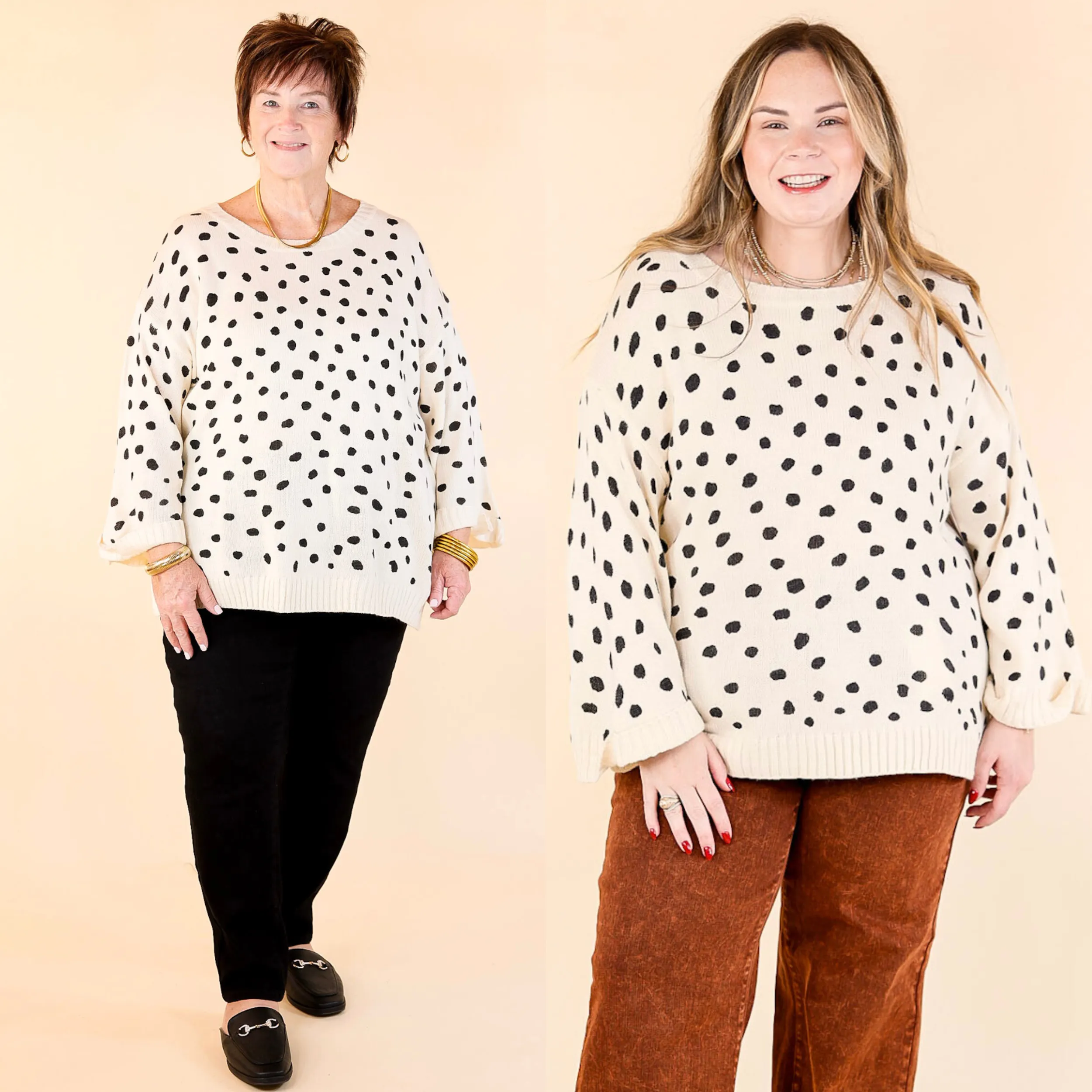 Iced Latte Love Wide 3/4 Sleeve Polka Dot Sweater in Ivory