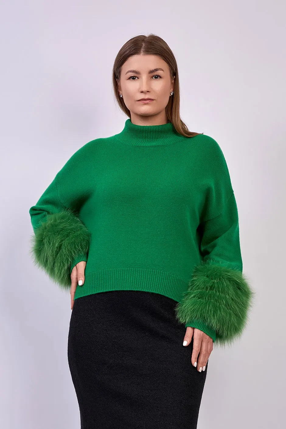 JEN Detachable Fox Fur Cuff Luxury Merino Wool Pullover Sweater