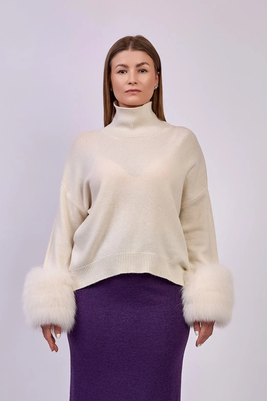 JEN Detachable Fox Fur Cuff Luxury Merino Wool Pullover Sweater