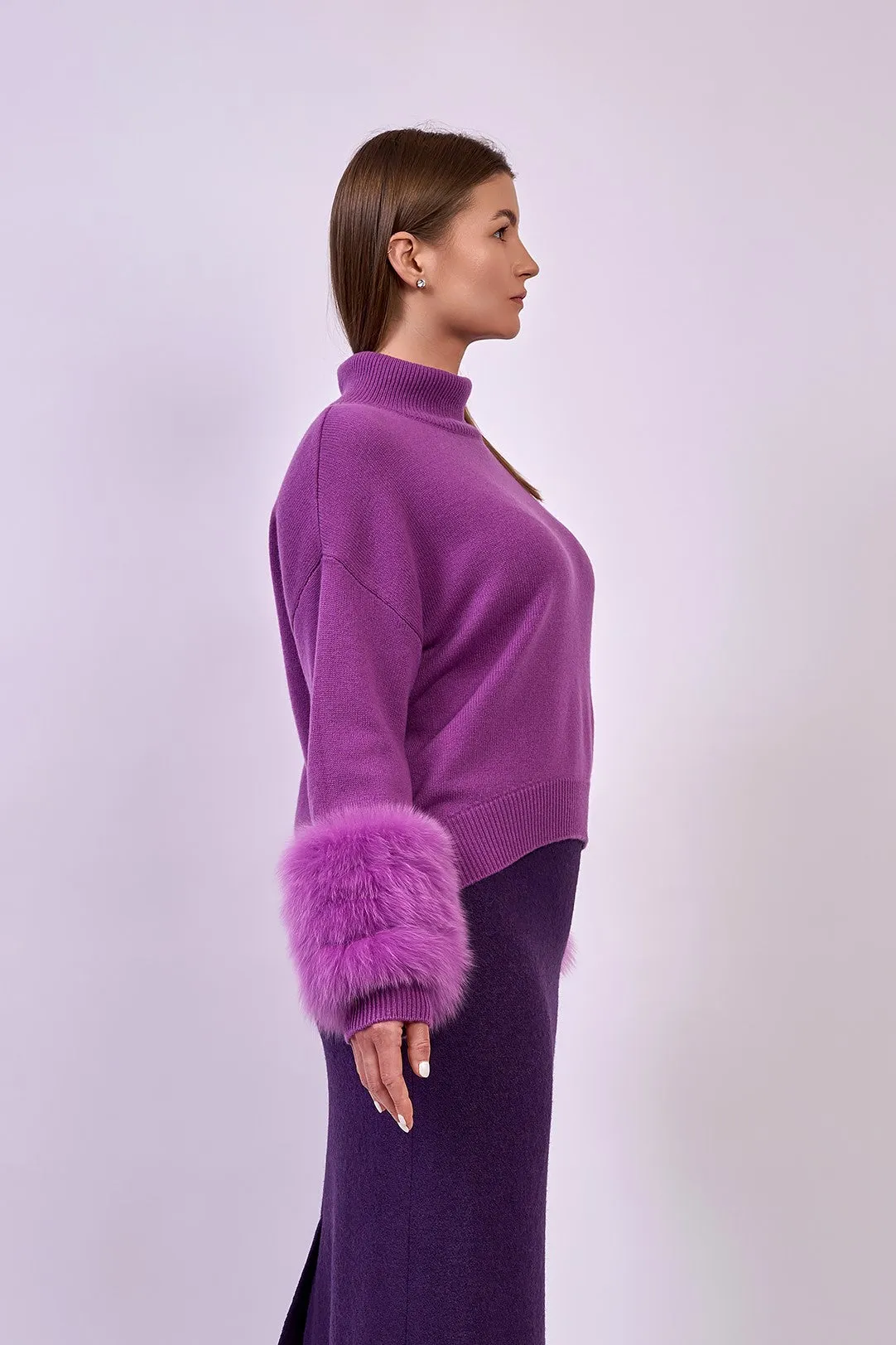 JEN Detachable Fox Fur Cuff Luxury Merino Wool Pullover Sweater