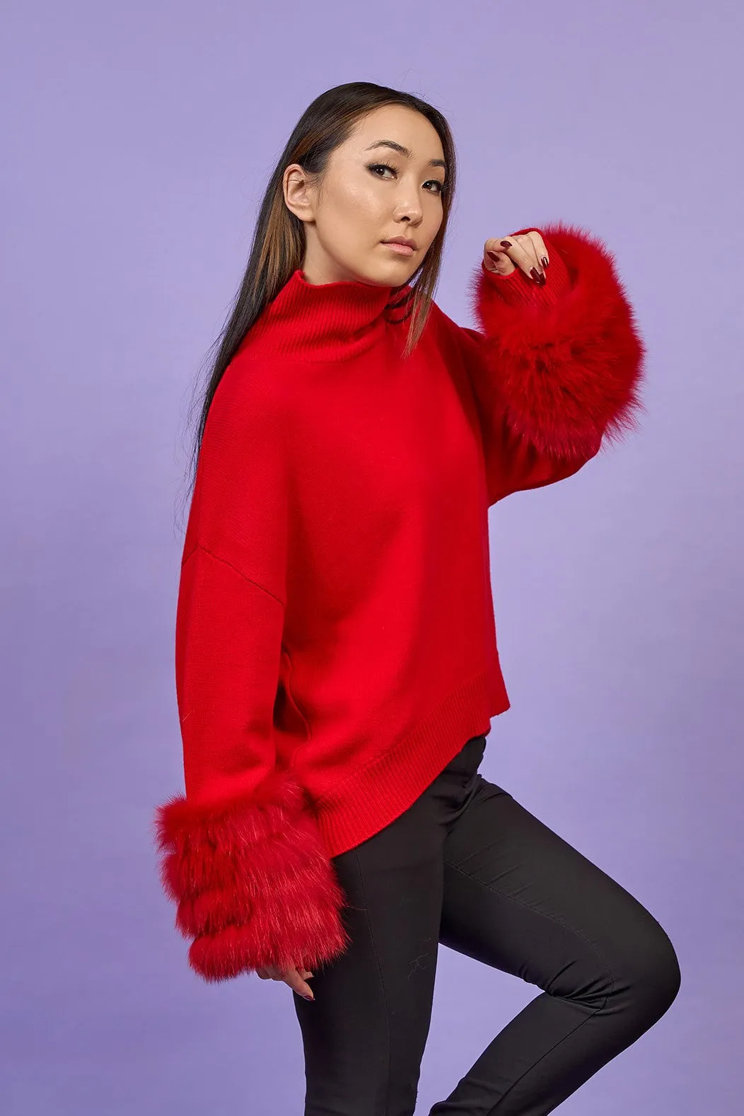 JEN Detachable Fox Fur Cuff Luxury Merino Wool Pullover Sweater