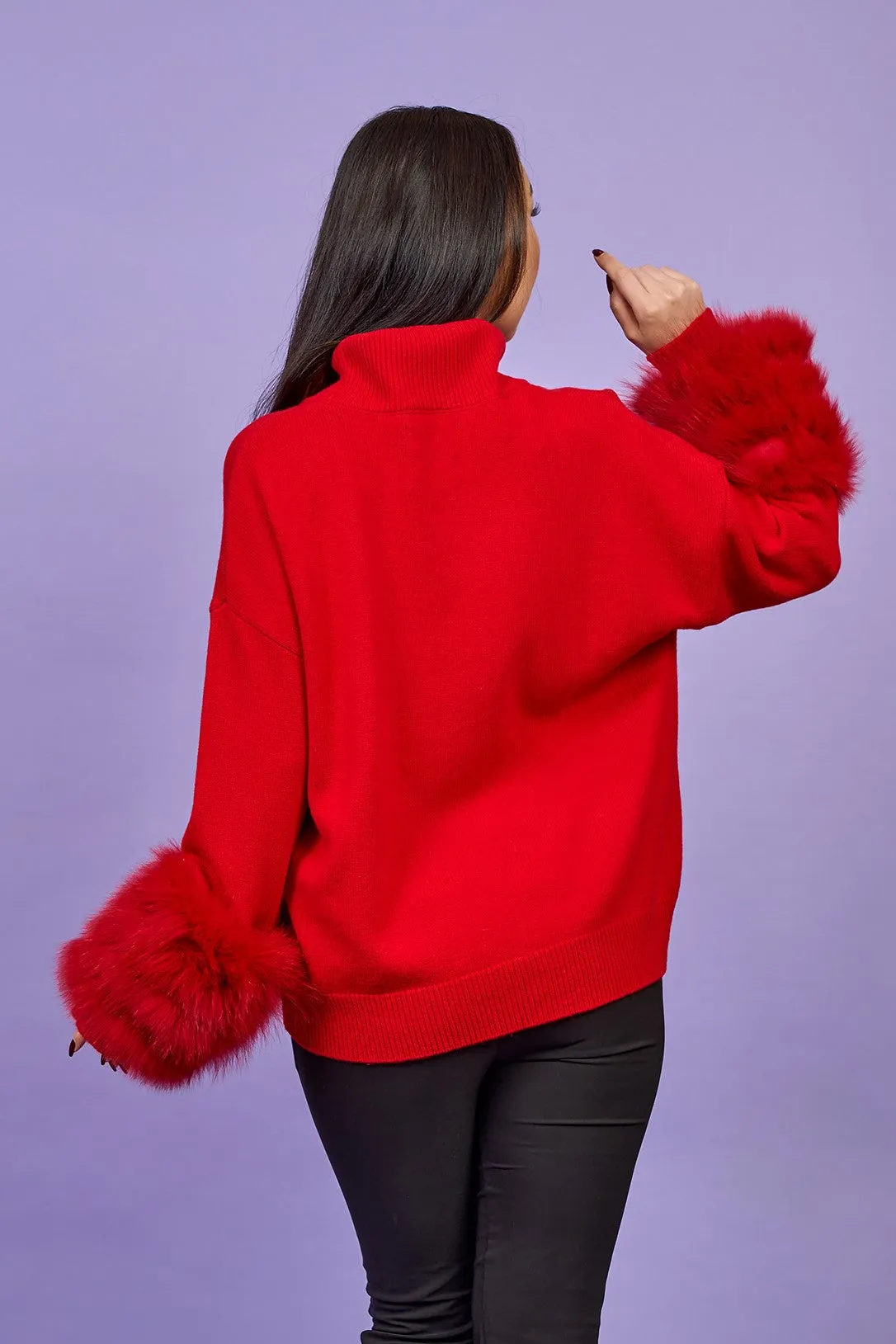 JEN Detachable Fox Fur Cuff Luxury Merino Wool Pullover Sweater