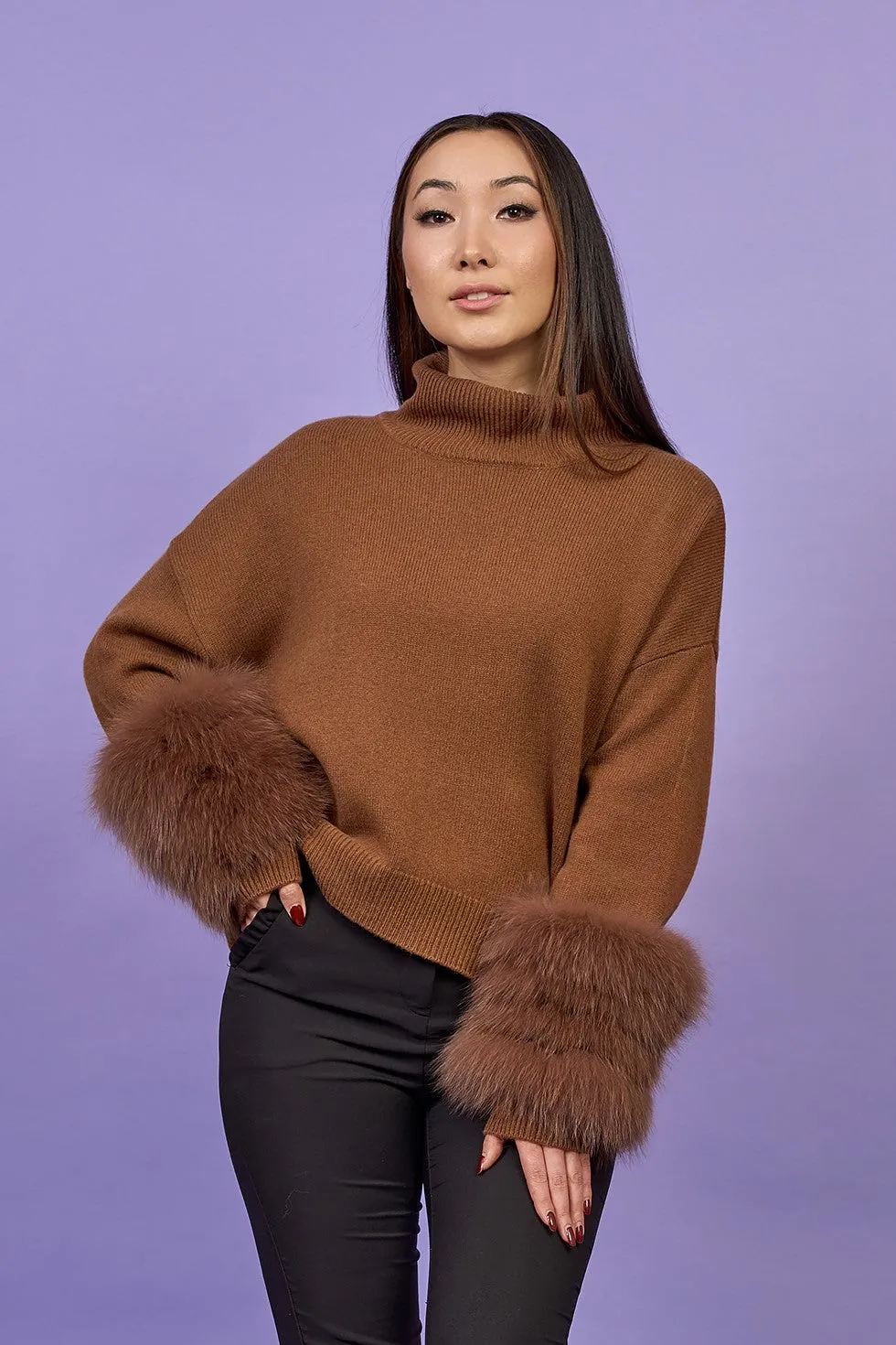 JEN Detachable Fox Fur Cuff Luxury Merino Wool Pullover Sweater