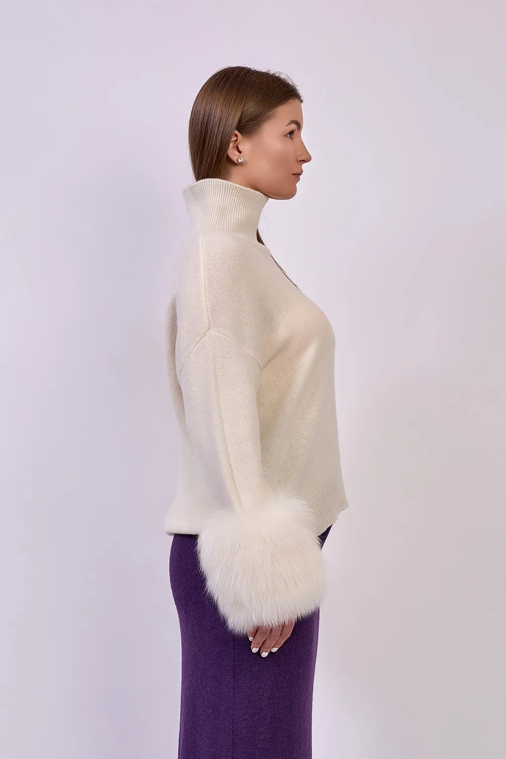 JEN Detachable Fox Fur Cuff Luxury Merino Wool Pullover Sweater