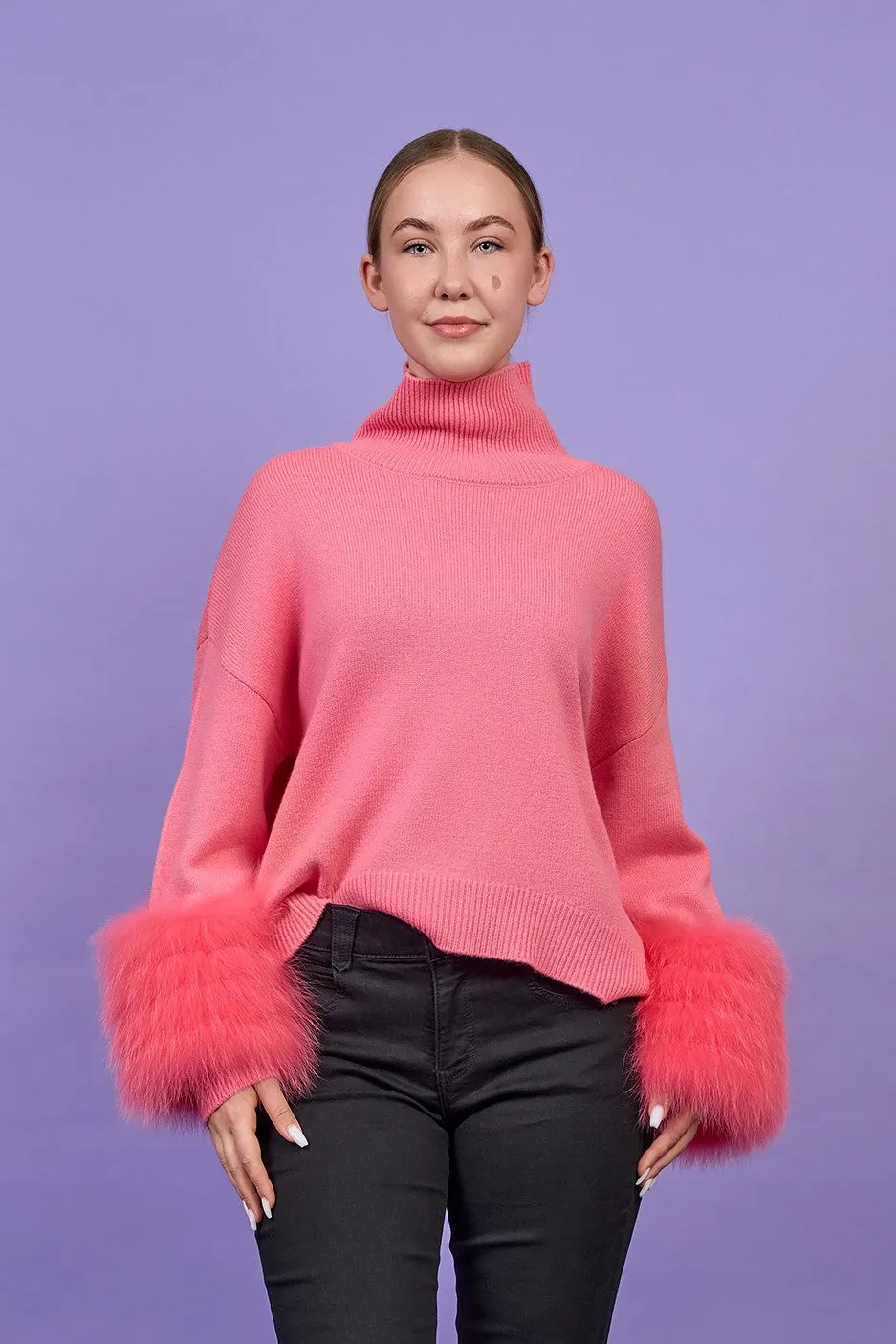 JEN Detachable Fox Fur Cuff Luxury Merino Wool Pullover Sweater