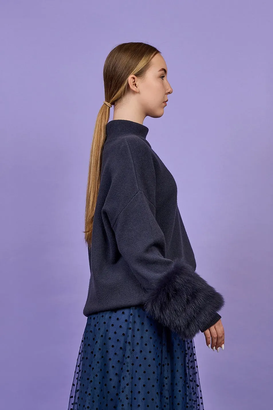 JEN Detachable Fox Fur Cuff Luxury Merino Wool Pullover Sweater