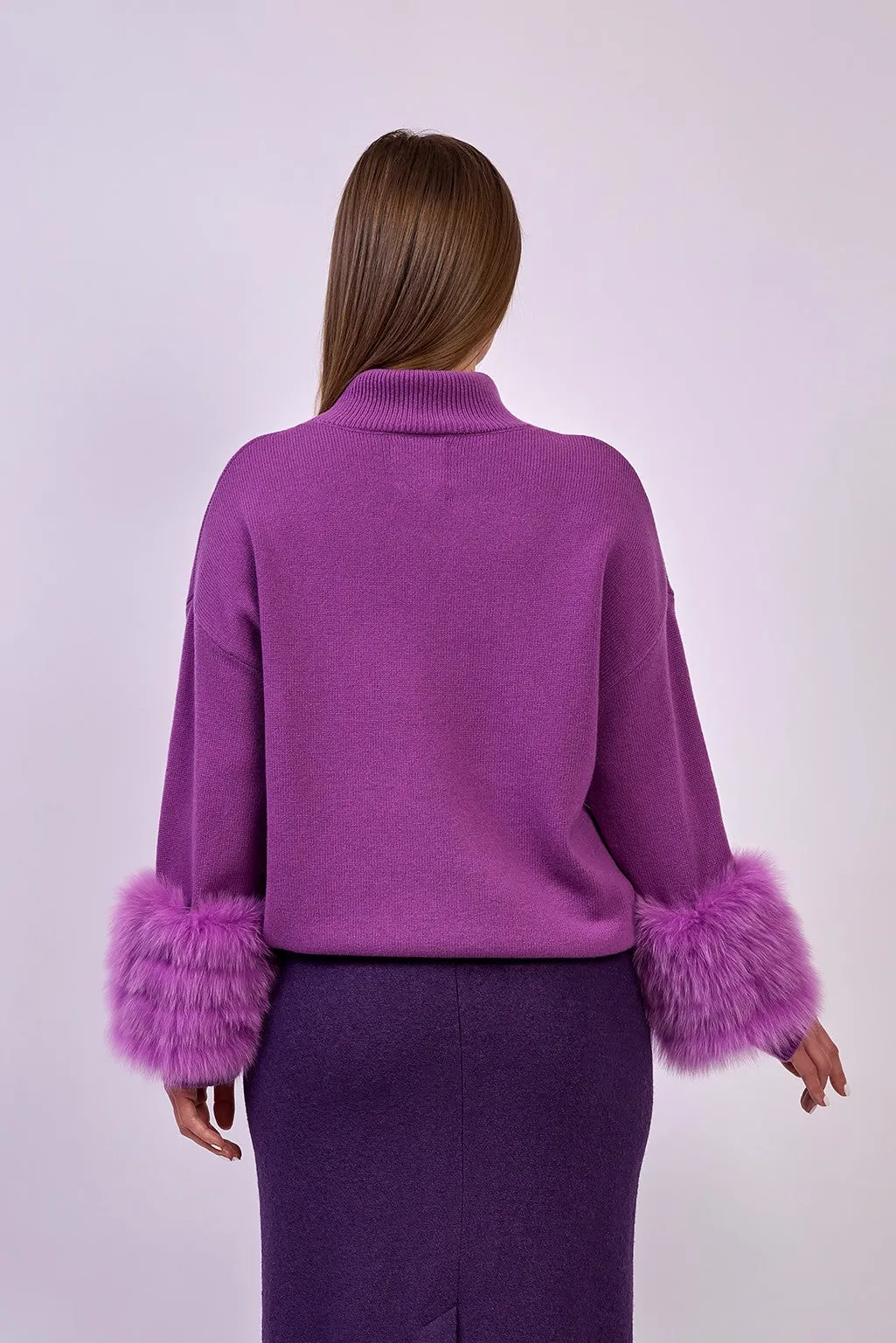 JEN Detachable Fox Fur Cuff Luxury Merino Wool Pullover Sweater