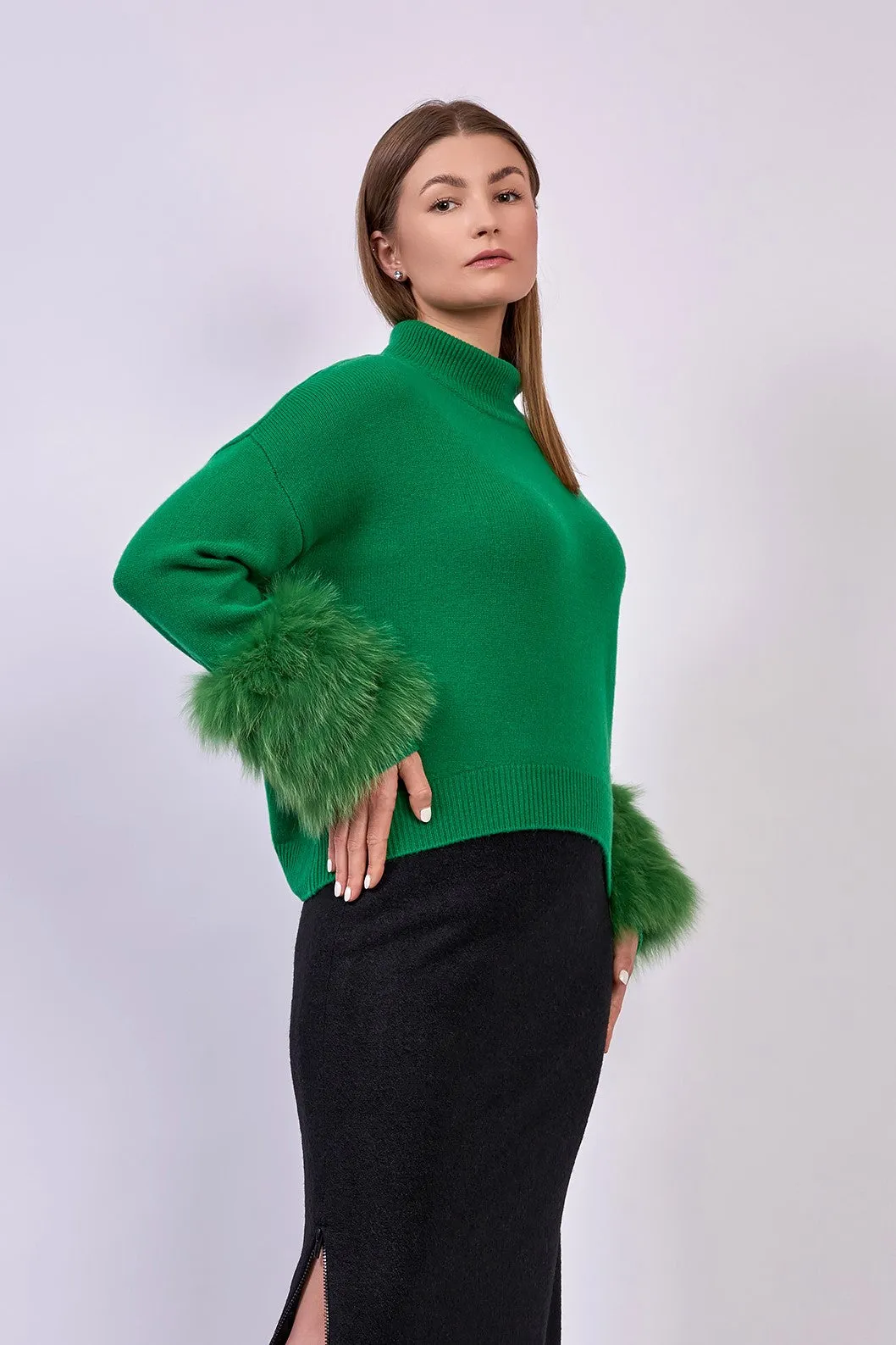 JEN Detachable Fox Fur Cuff Luxury Merino Wool Pullover Sweater