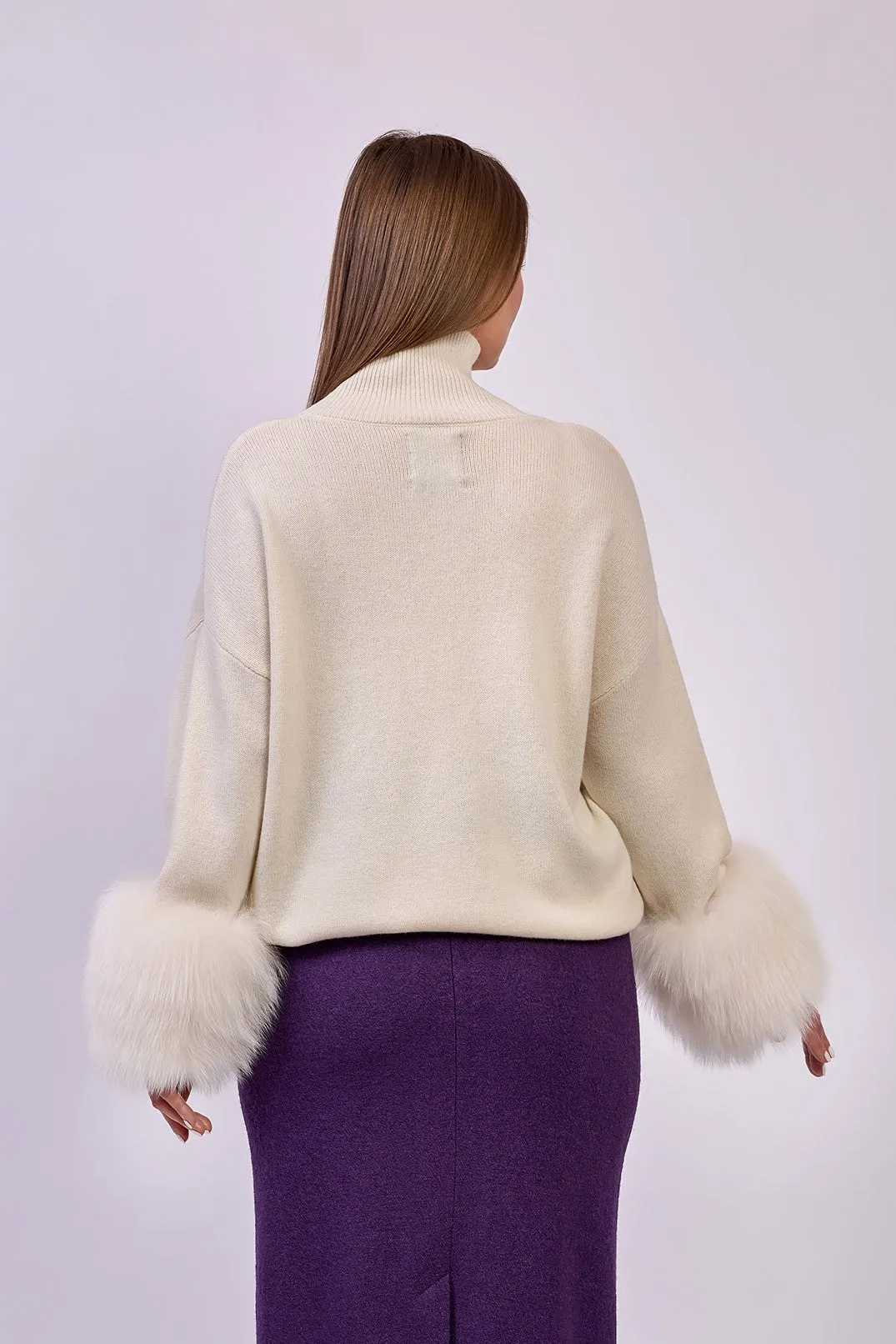 JEN Detachable Fox Fur Cuff Luxury Merino Wool Pullover Sweater