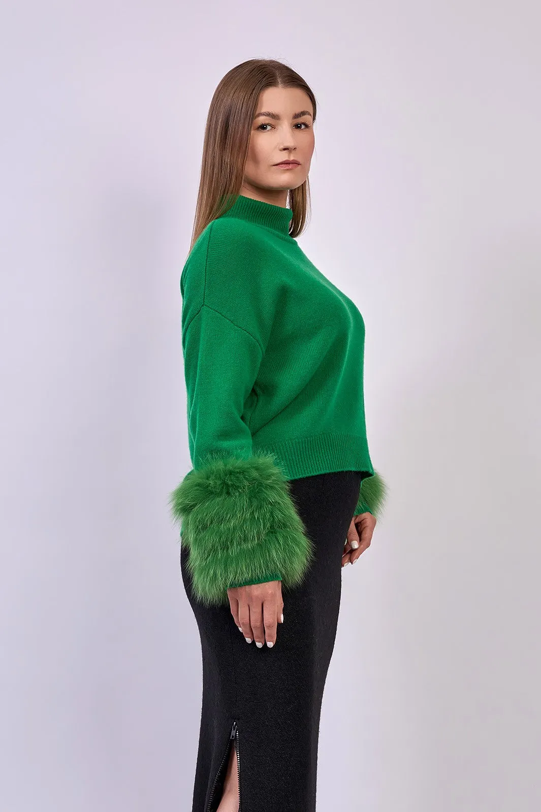 JEN Detachable Fox Fur Cuff Luxury Merino Wool Pullover Sweater