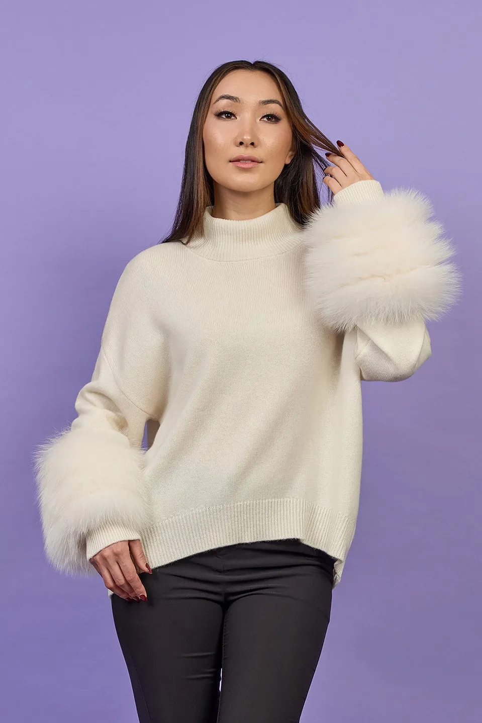 JEN Detachable Fox Fur Cuff Luxury Merino Wool Pullover Sweater