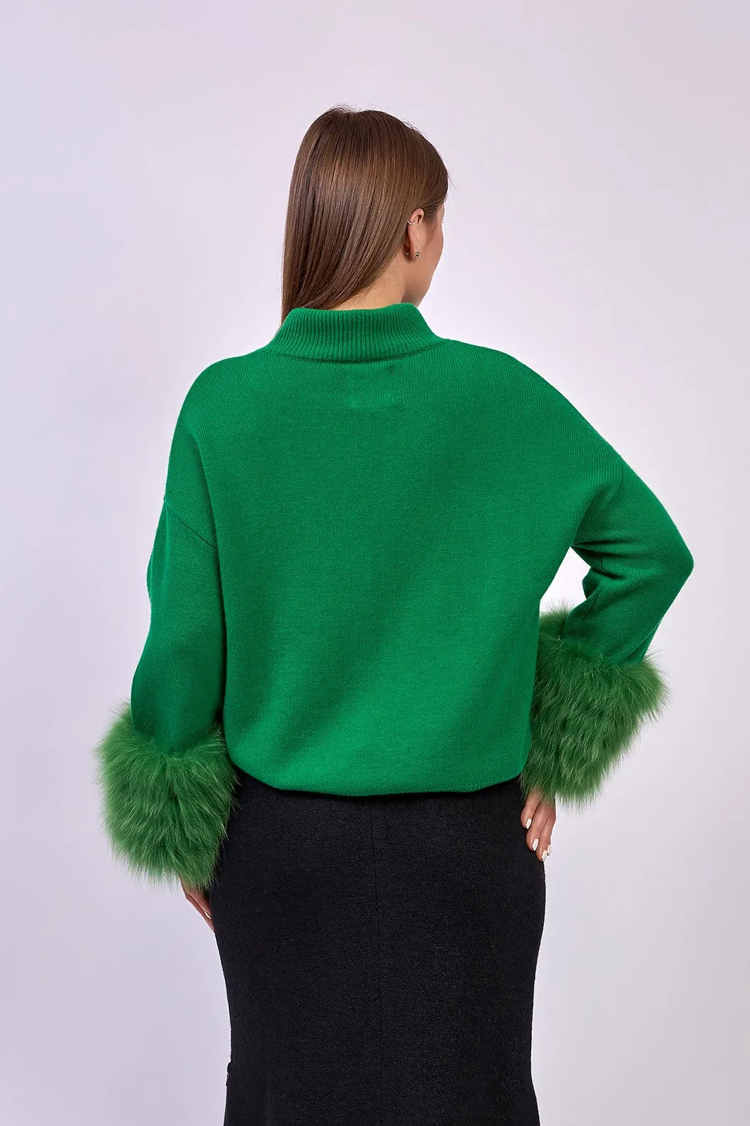 JEN Detachable Fox Fur Cuff Luxury Merino Wool Pullover Sweater