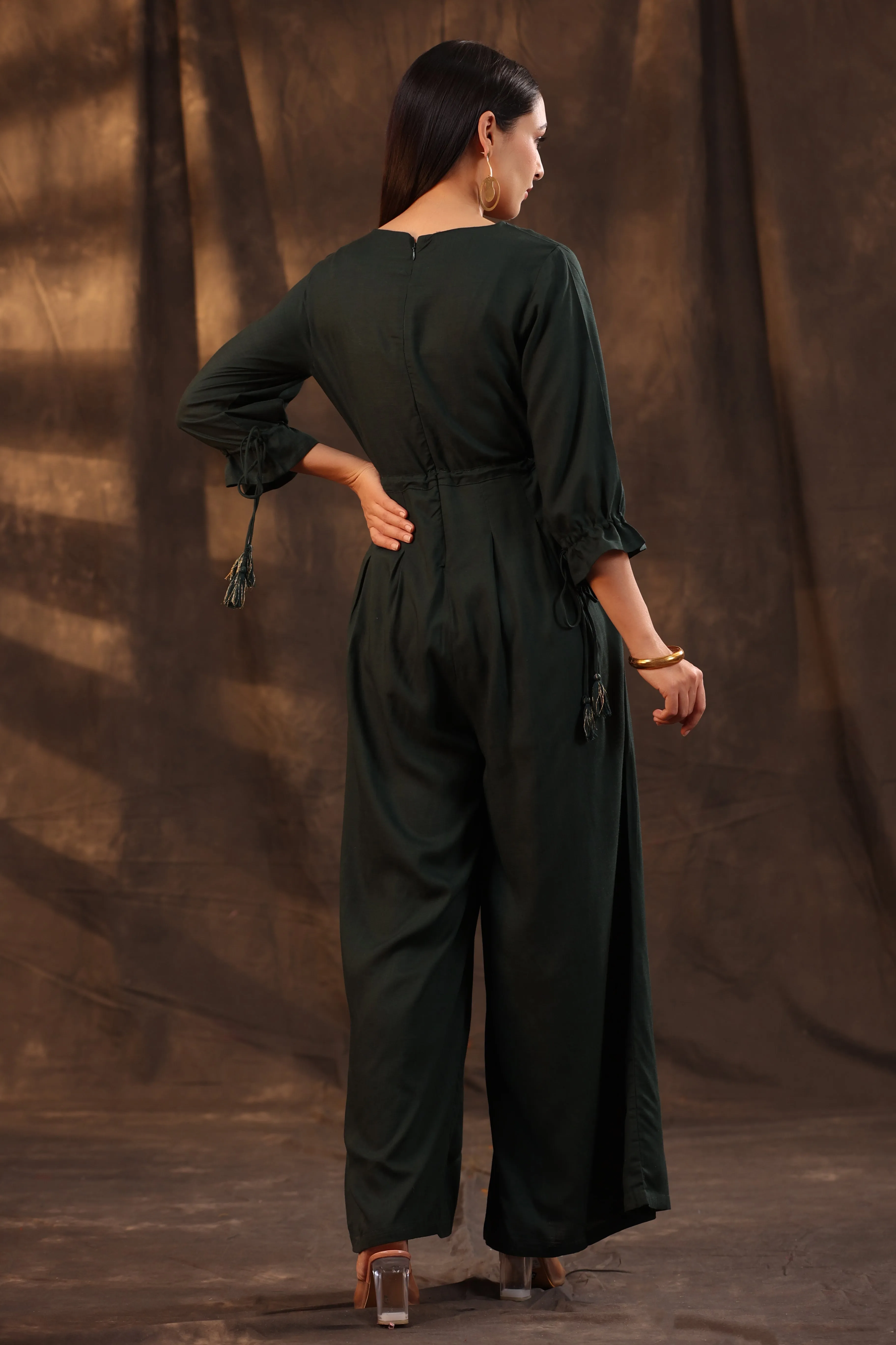 Juniper Jade Green Ethnic Motif Printed Rayon Slub Jumpsuit With Zari Work Embroidery