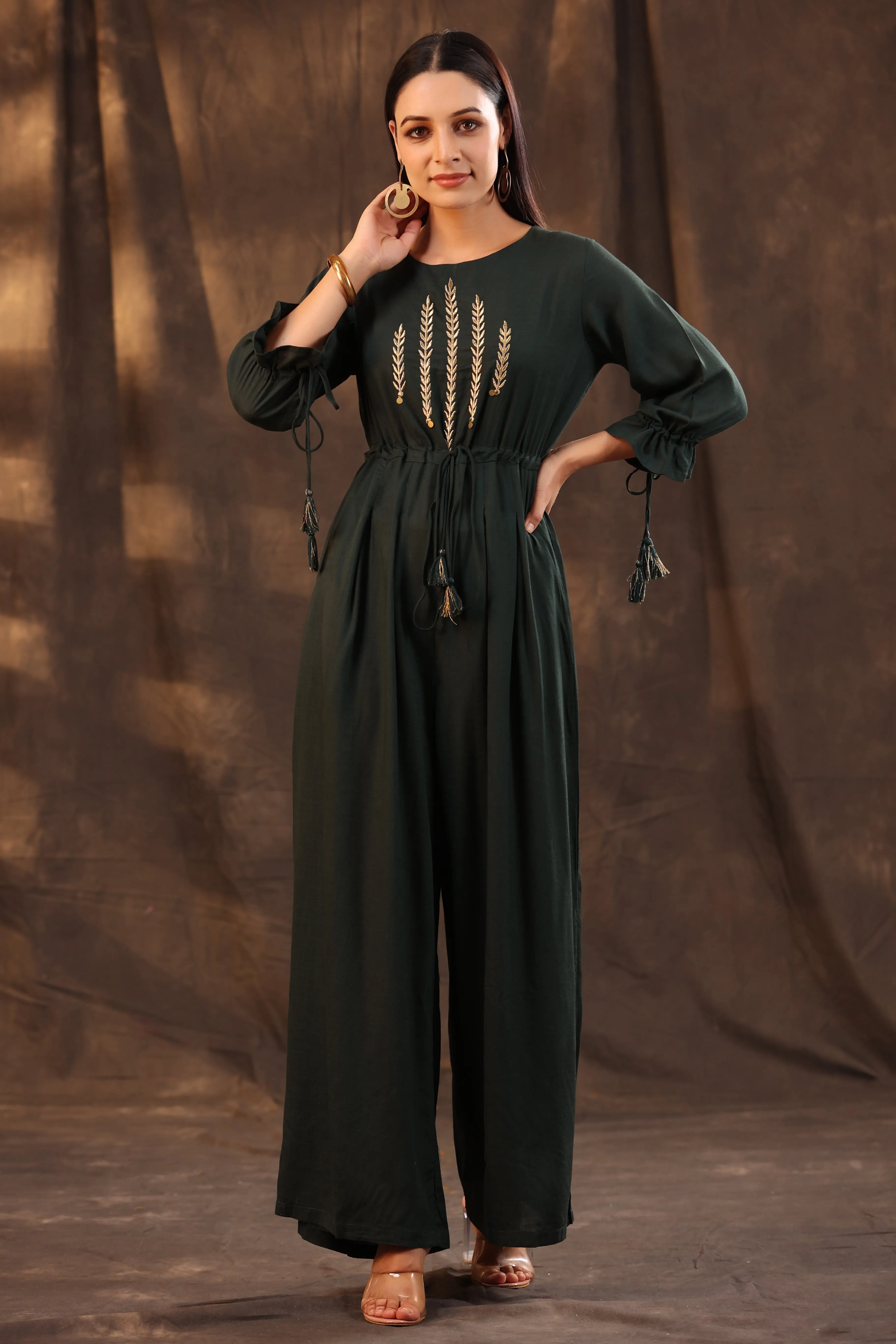 Juniper Jade Green Ethnic Motif Printed Rayon Slub Jumpsuit With Zari Work Embroidery