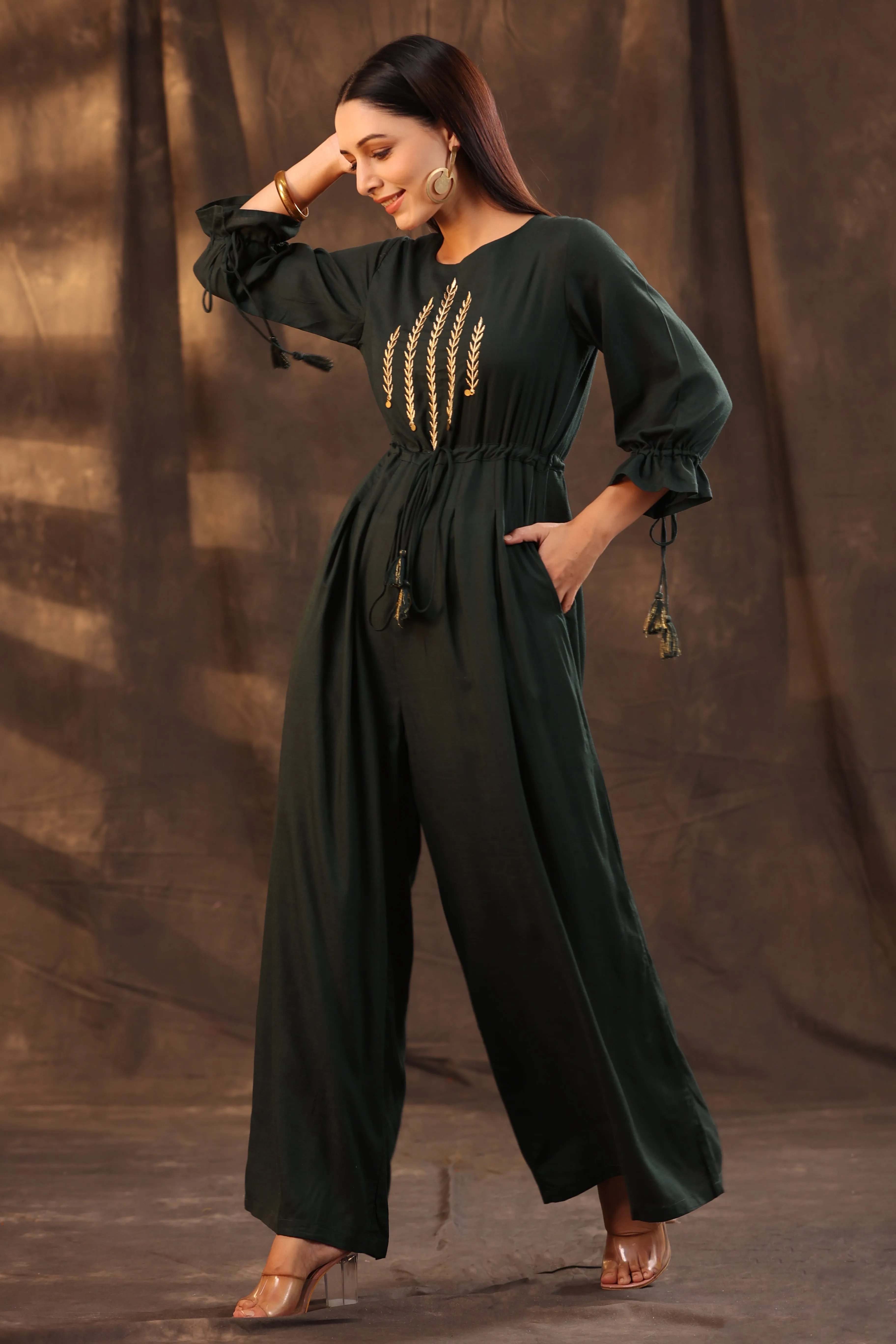 Juniper Jade Green Ethnic Motif Printed Rayon Slub Jumpsuit With Zari Work Embroidery