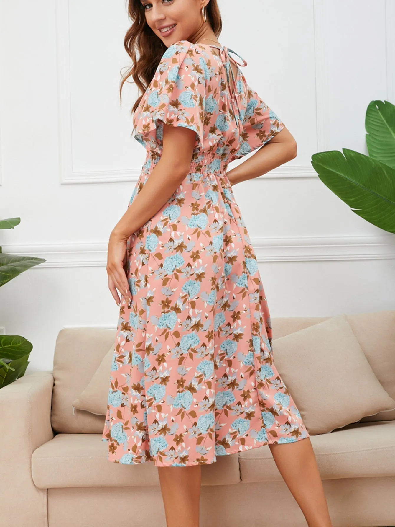 KittenAlarm - Disty Floral Smocked Waist Back Detail Dress