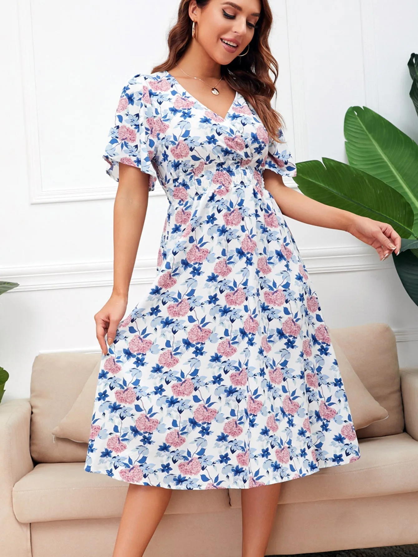 KittenAlarm - Disty Floral Smocked Waist Back Detail Dress