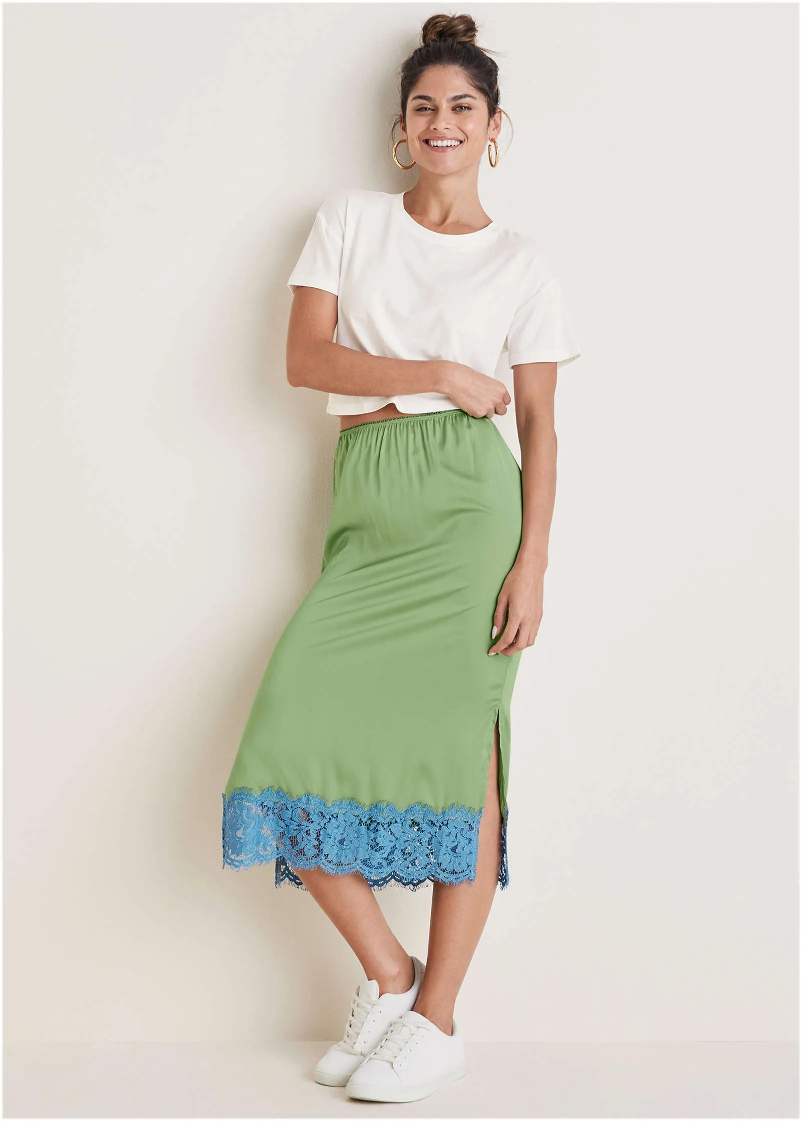 Lace Detail Midi Skirt - Basil