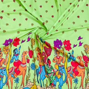 Light Green Madhubani Print Cotton Satin Fabric 31