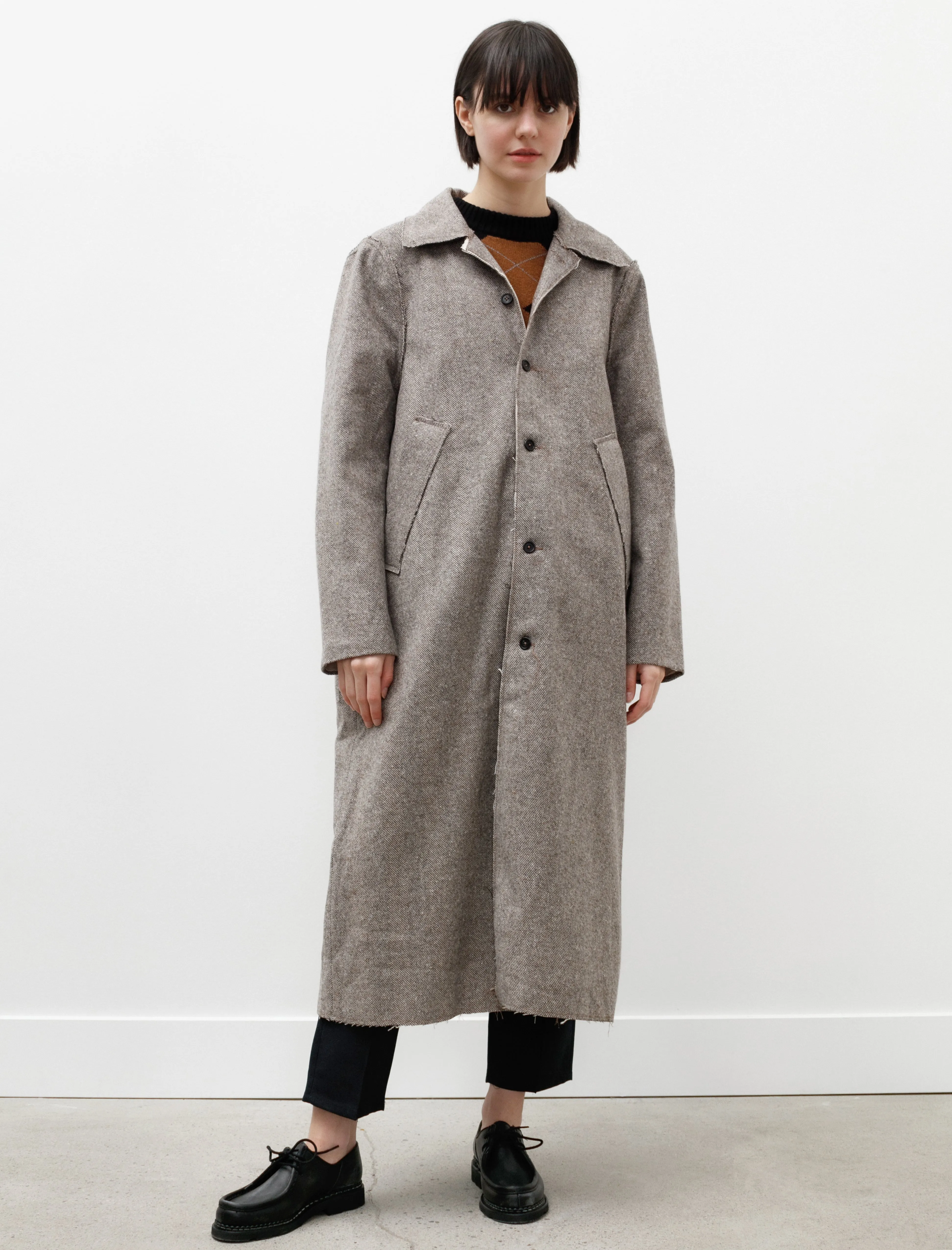 Long Gap Coat Wool Herringbone Brown