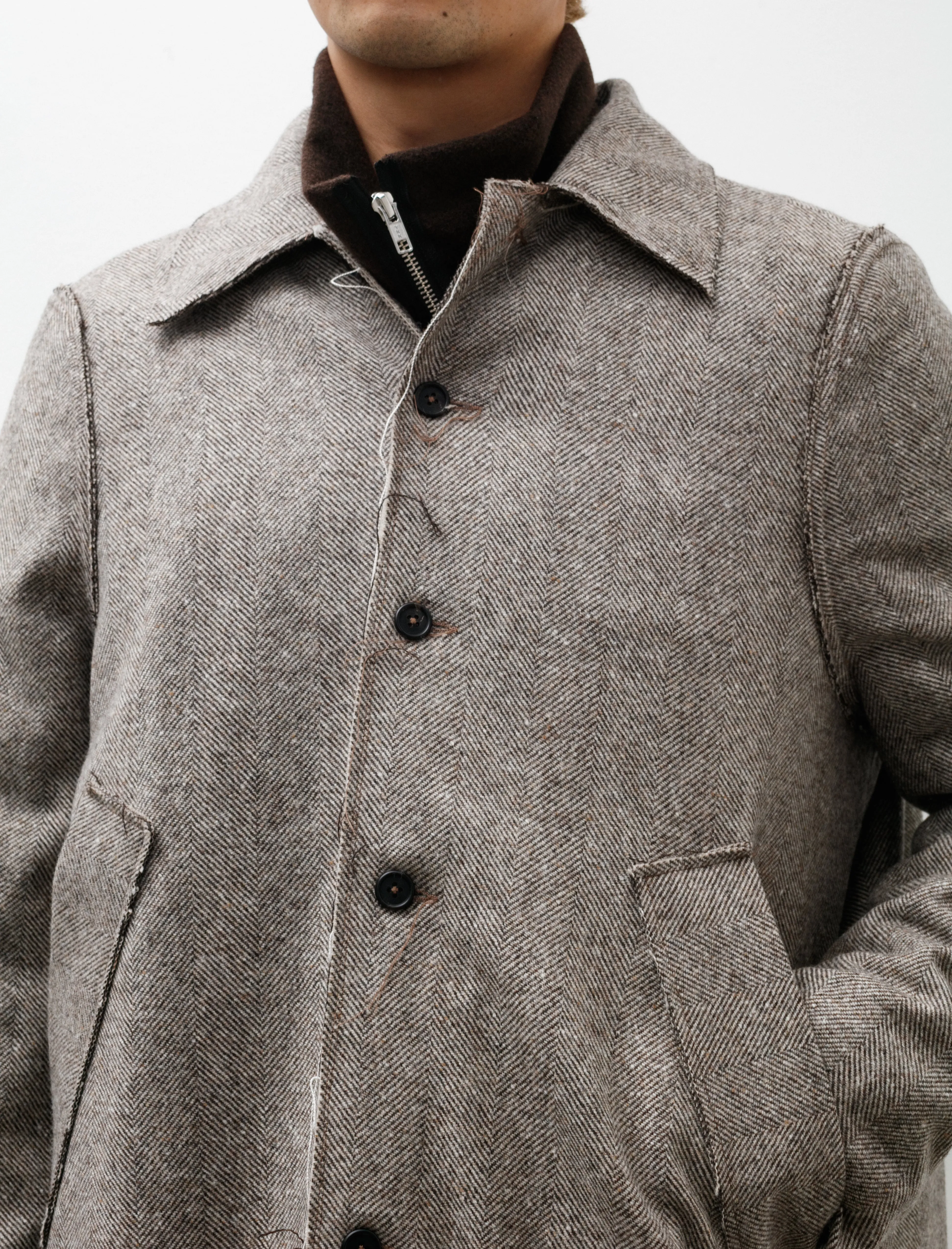 Long Gap Coat Wool Herringbone Brown