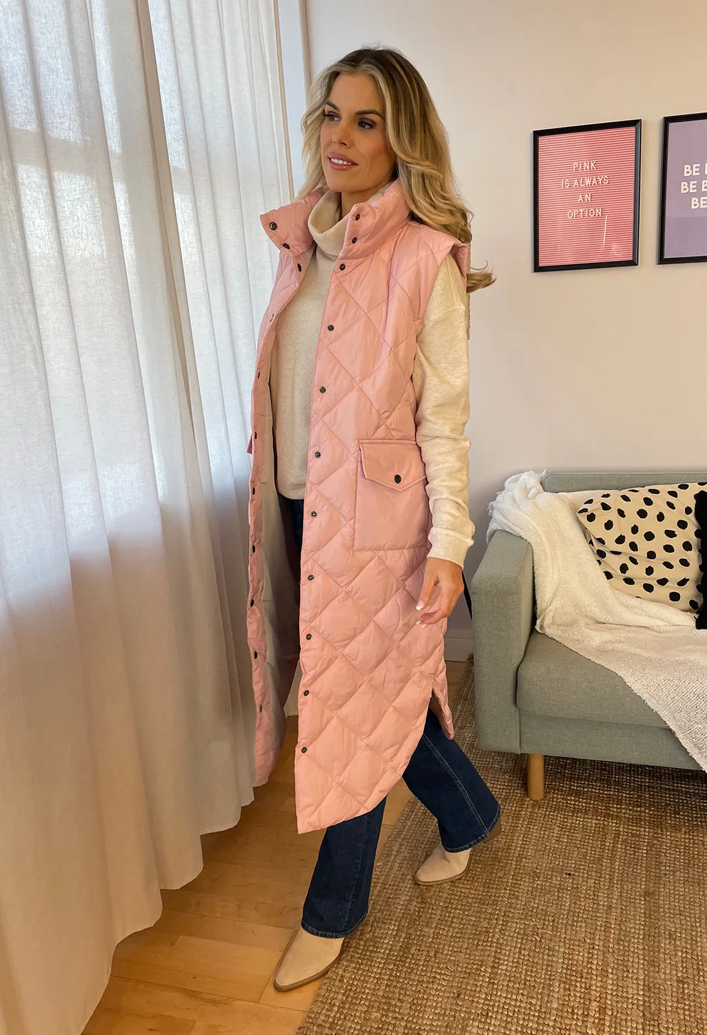 Long Line Quilted Gilet In Powder Pink