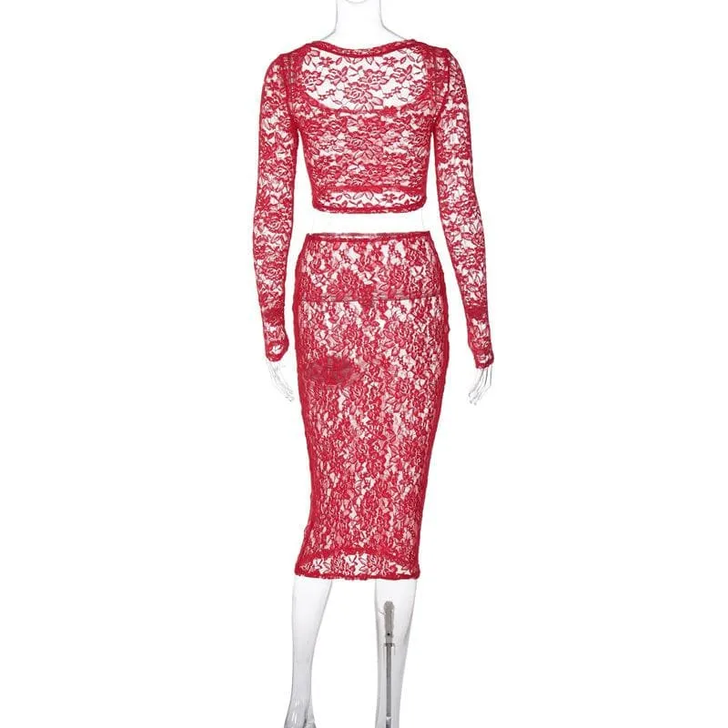 Long sleeve lace see through solid midi skirt set