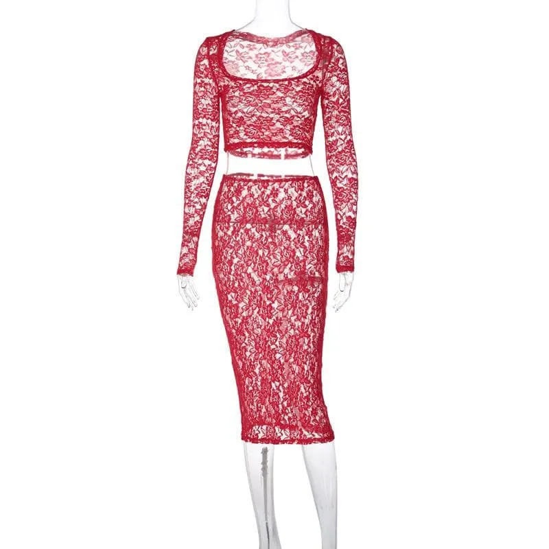 Long sleeve lace see through solid midi skirt set